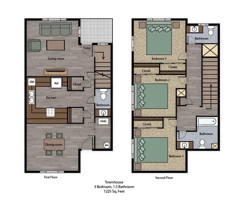 Floor plan for 3 beds, 3 baths, 1225 sqft